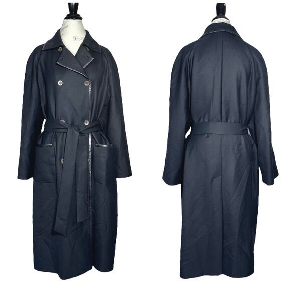 Louis Ferard | Women | Black Virgin Wool Leather Mid Belted Trench Coat | US 16 - Picture 1 of 16